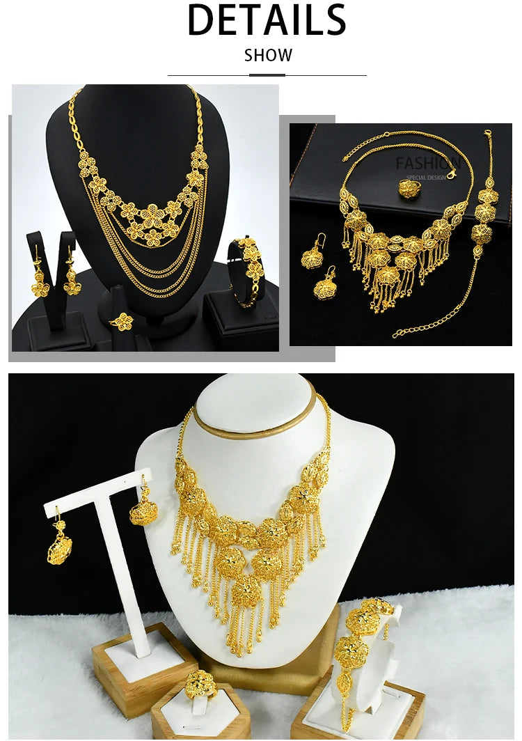 ANIID Africa Luxury Charm Necklace Sets With Tassel for Lady Indian Bridal Nigeria 24k Gold Plated Jewelry Set Party Gifts