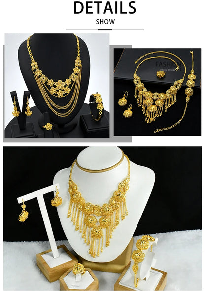 ANIID Africa Luxury Charm Necklace Sets With Tassel for Lady Indian Bridal Nigeria 24k Gold Plated Jewelry Set Party Gifts