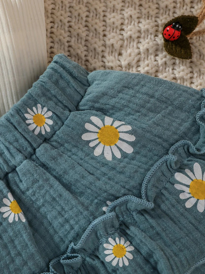 Baby girls Daisy Printing Short Sleeve Summer Skirt Suit For Vacation Daily Wear - AMULET RING STORE