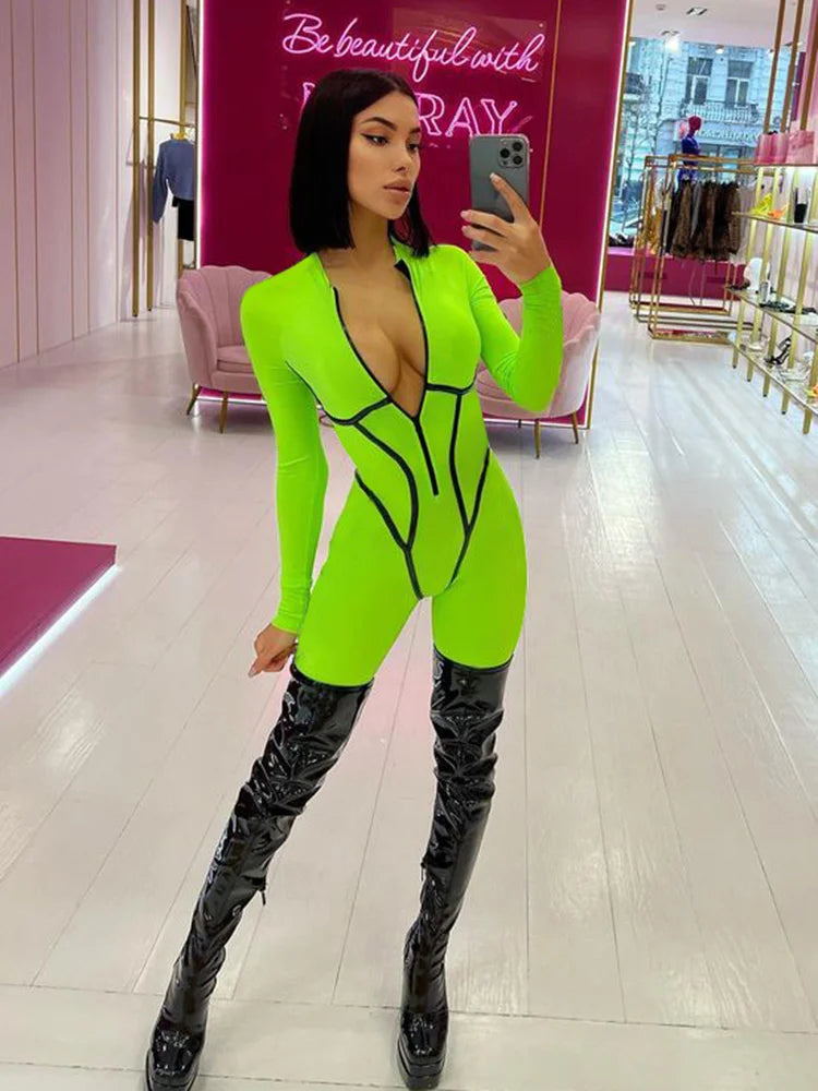 Articat Sexy Zipper Women Jumpsuit Long Sleeve Bandage Tights Solid Jumpsuits Female Party Bodycon Stretch Sporty & Leisure - AMULET RING STORE