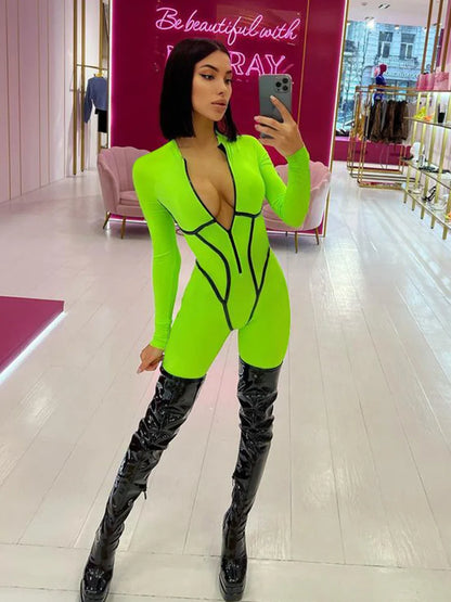 Articat Sexy Zipper Women Jumpsuit Long Sleeve Bandage Tights Solid Jumpsuits Female Party Bodycon Stretch Sporty & Leisure - AMULET RING STORE