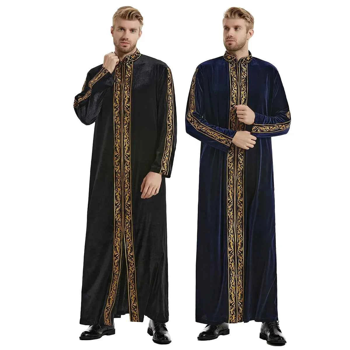 2025  Muslim golden velvet embroidered robe hui thickened embroidered famous thobe for men