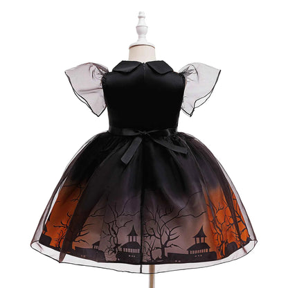 Girl Halloween costume 4-8 Yrs Halloween Theme Party Dresses Skeleton Bat Pumpkin Print Frocks Luxury Fluffy Kids Elegant Gown