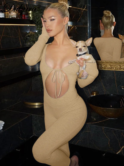 Dulzura Solid Pure Hole Hollow Out Straps Lace-Up Jumpsuit Long Sleeves 2023 Summer Autumn For Women Sexy Streetwear Wholesale - AMULET RING STORE