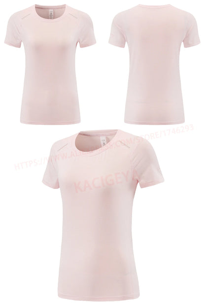 Women Print Running Short Sleeve Slim Elastic Yoga Breathable Mesh Tshirt Female Jogging Training Fashion Solid Fitness Tee - AMULET RING STORE