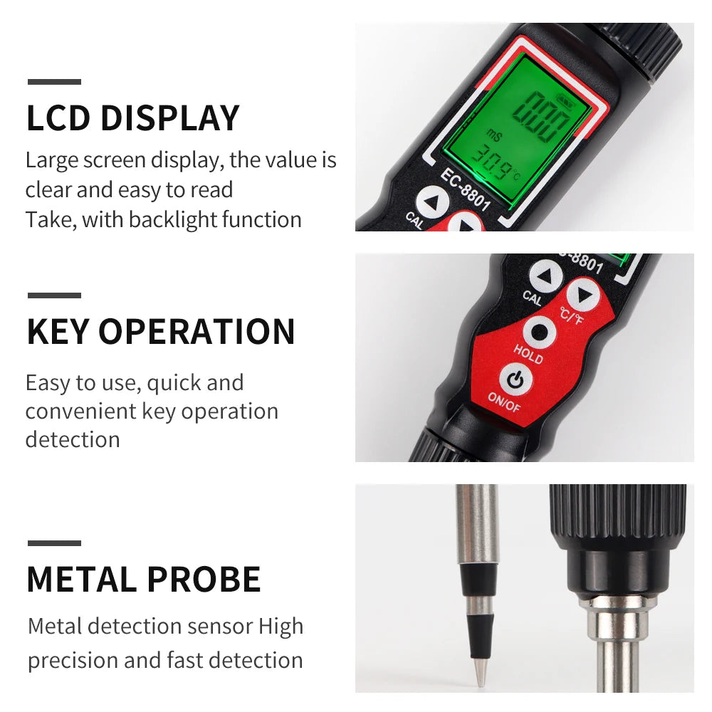 2 In 1 Soil EC Meter Handheld Digital Soil Tester Multifunction EC Temp Detector Backlit Soil EC Analyzer for Garden Greenhouse - AMULET RING STORE
