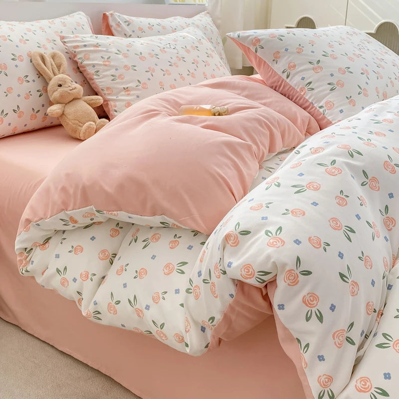 Korean Retro Floral Bedding Set 100% Washed Cotton Bed Sheets Set Soft Duvet Cover Bed Linen Pillowcase Single Double Queen King - AMULET RING STORE