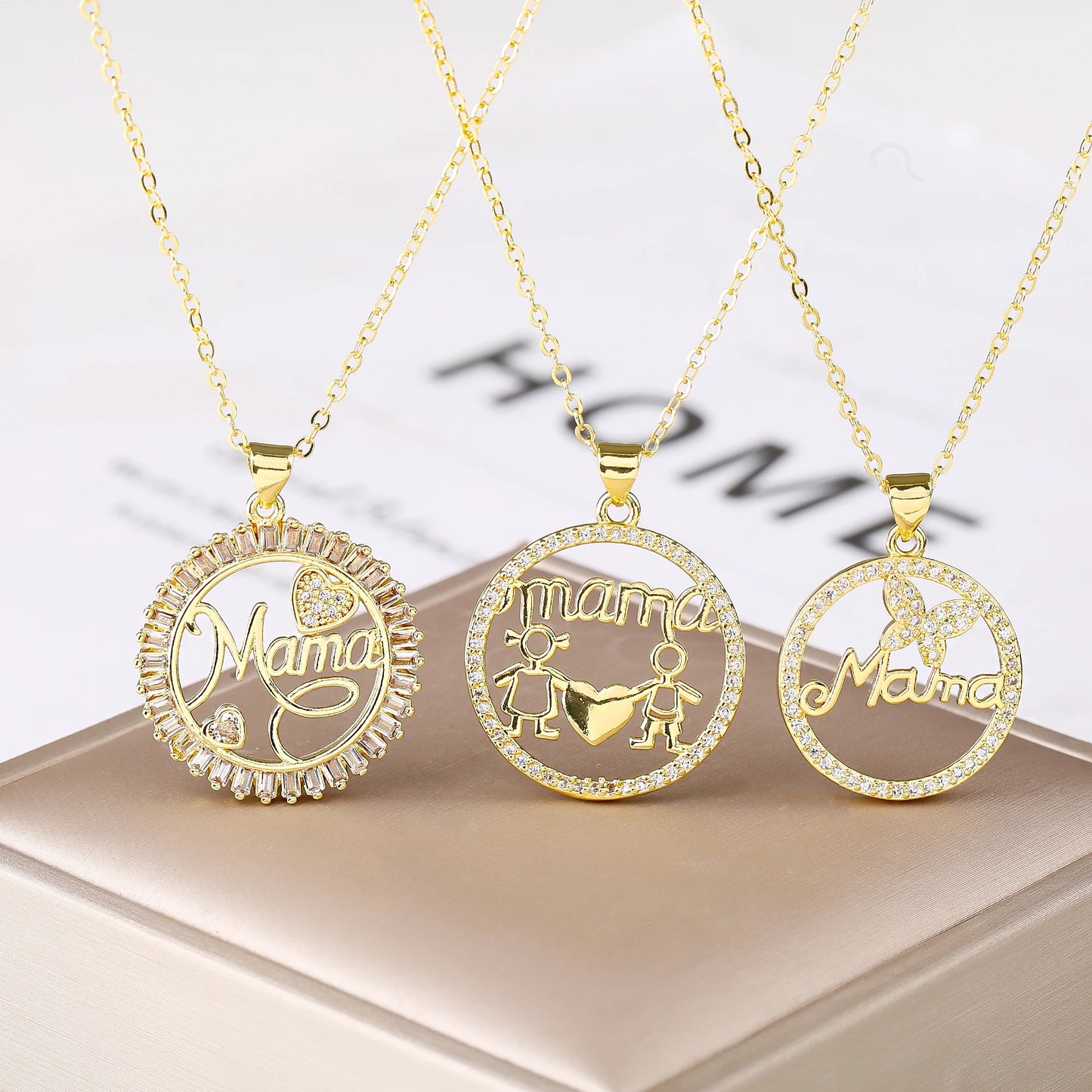 Luxury High Quality Round Shape Mama Children Shine Zircon Pendant Necklace For Women Clavicle Chain Jewelry Mother's Day Gifts