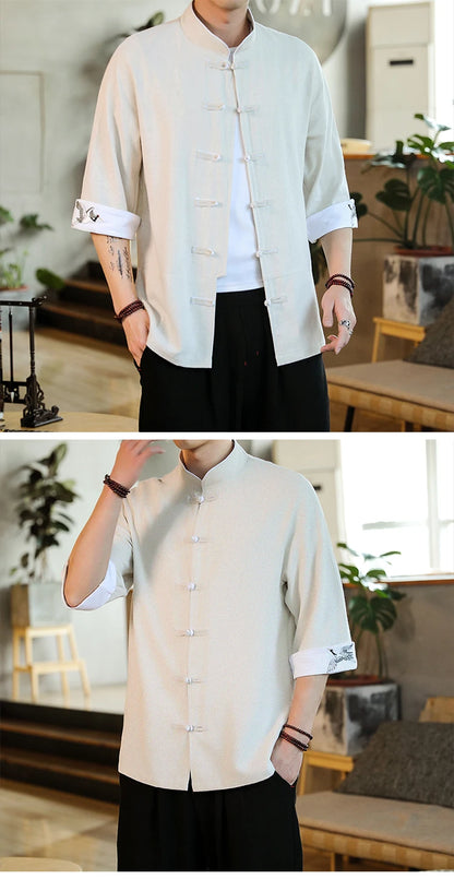 New Crane Embroidery Top Traditional Chinese Clothing for Men Vintage Half Sleeve Linen Shirts Solid Madarin Collar Hanfu Kungfu