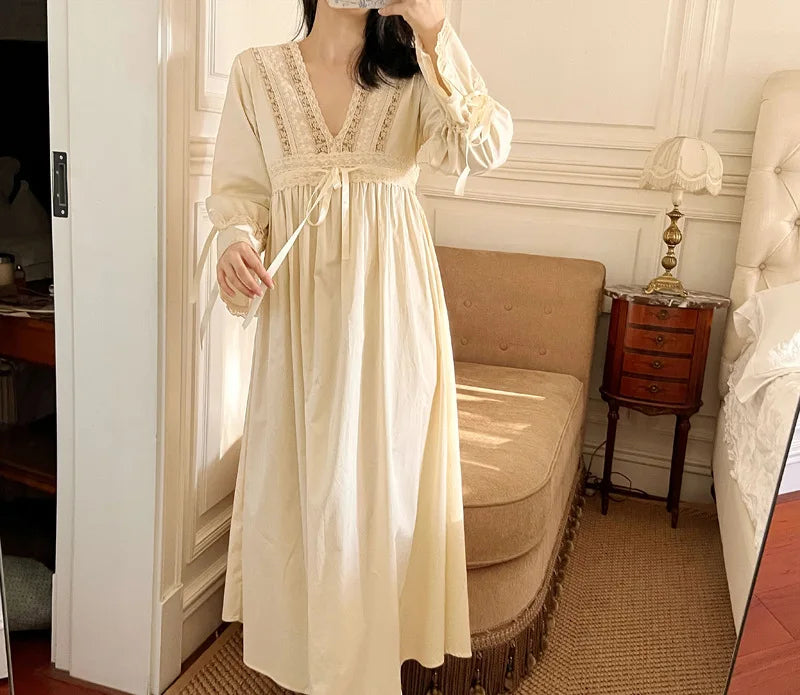 Vintage Embroidery Cotton Long Nightgowns For Lady Lace  Long Sleeve Beige Elegant Nightshirts Comfortable Sexy Night Dress