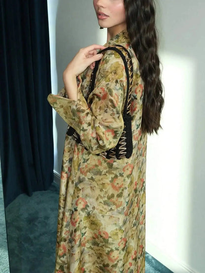 Middle Eastern Printed Floral Abaya Muslim Full Sleeve Loose Open Front Abayas Elegant Kaftan Women Jilbabs Arabian Maxi Dresses - AMULET RING STORE