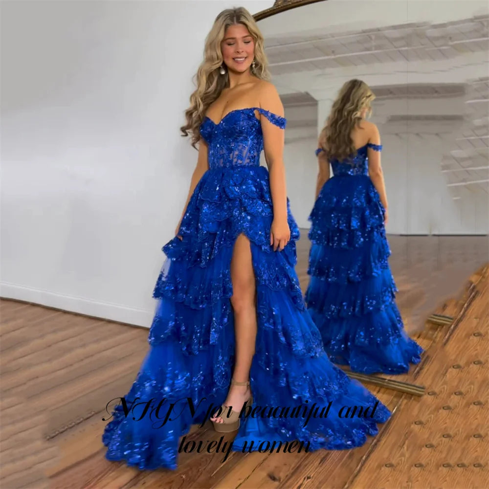 NFYN Glitter Royal Blue Prom Dress Exquisite Tiered Layer Party Dress High Split Off Shoulder Formal Dresses Gown Customized - AMULET RING STORE