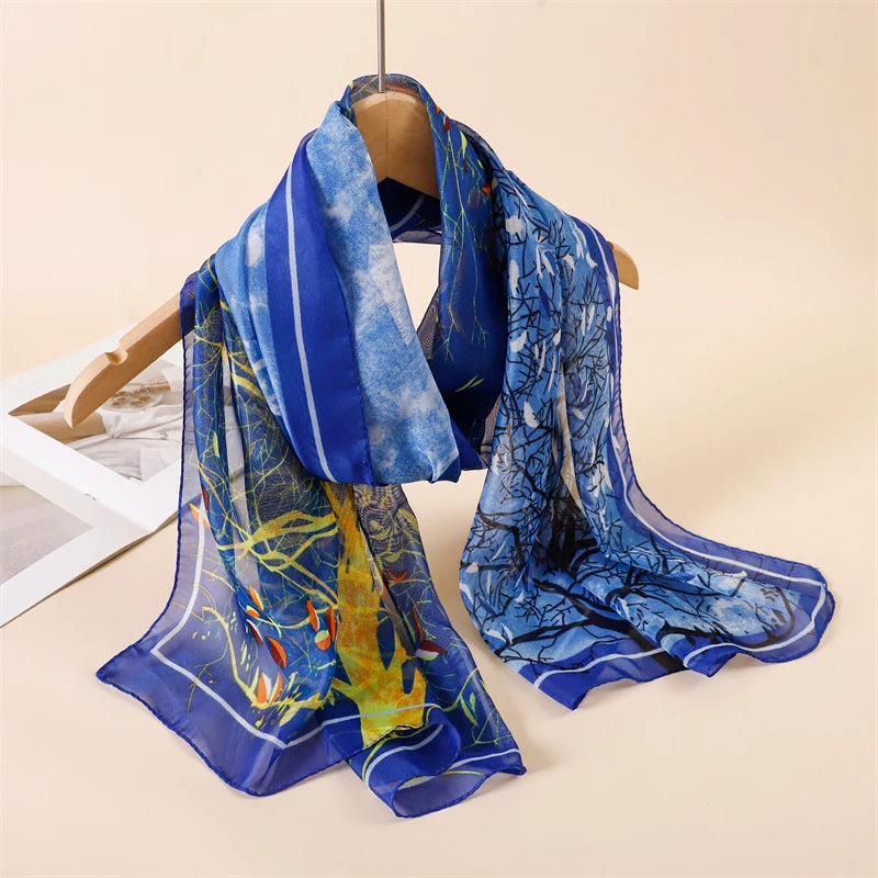 45*155cm Print Design Women Silk Scarf Shawl Elegant Headscarf Convinient Bandage Hijabs Chiffon Muslim Wrap Scarves - AMULET RING STORE