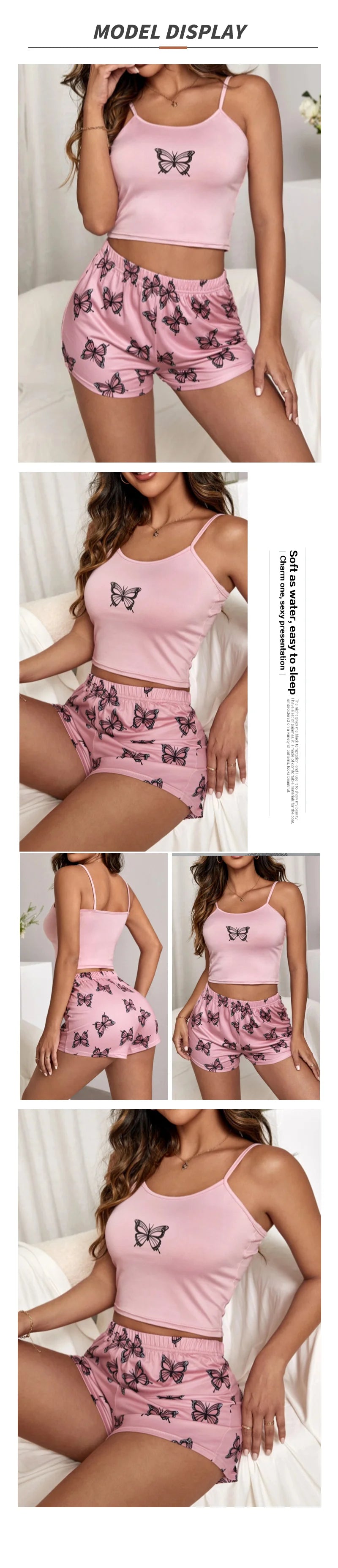 Two Pieces Summer Sexy Pajamas Butterfly Print Cami Pajamas Set Fashion Sexy Home Ladies Underwear Vest Shorts Pijamas - AMULET RING STORE