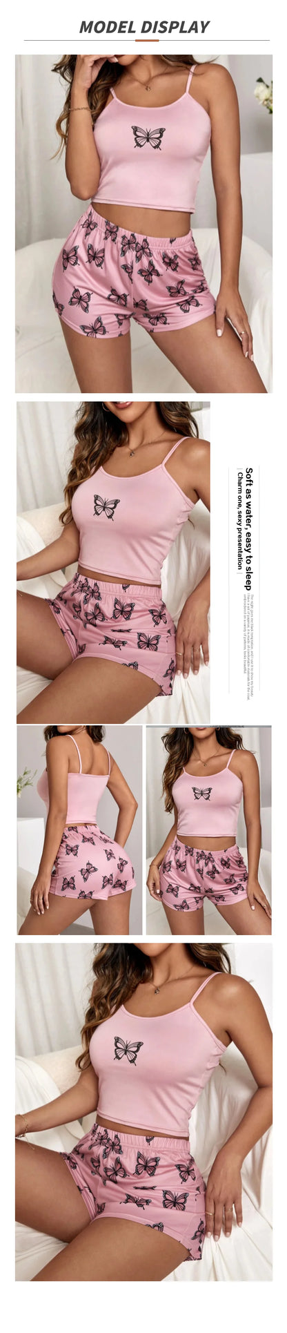 Two Pieces Summer Sexy Pajamas Butterfly Print Cami Pajamas Set Fashion Sexy Home Ladies Underwear Vest Shorts Pijamas - AMULET RING STORE