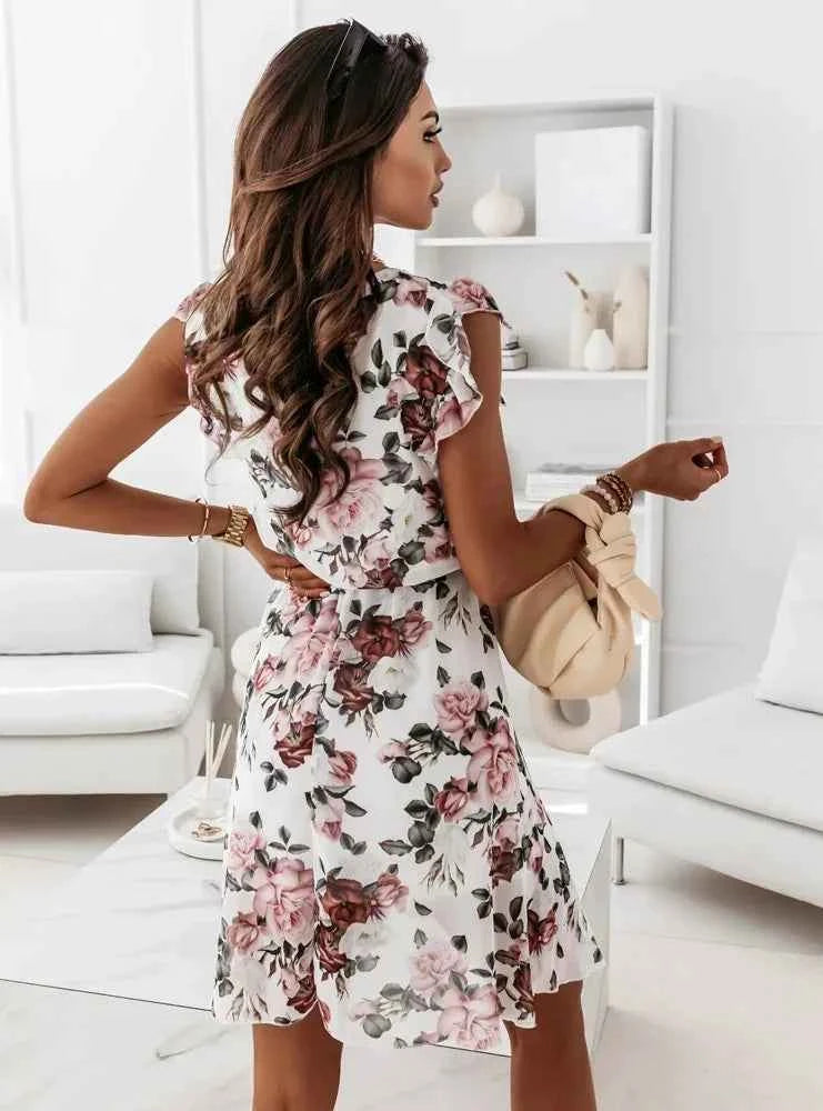Summer Fashion Floral Printed Long Dress Ladies Sleeveless Elastic Waist Beach Dress 2025 Women V-Neck Pleated Chiffon Cover-Ups