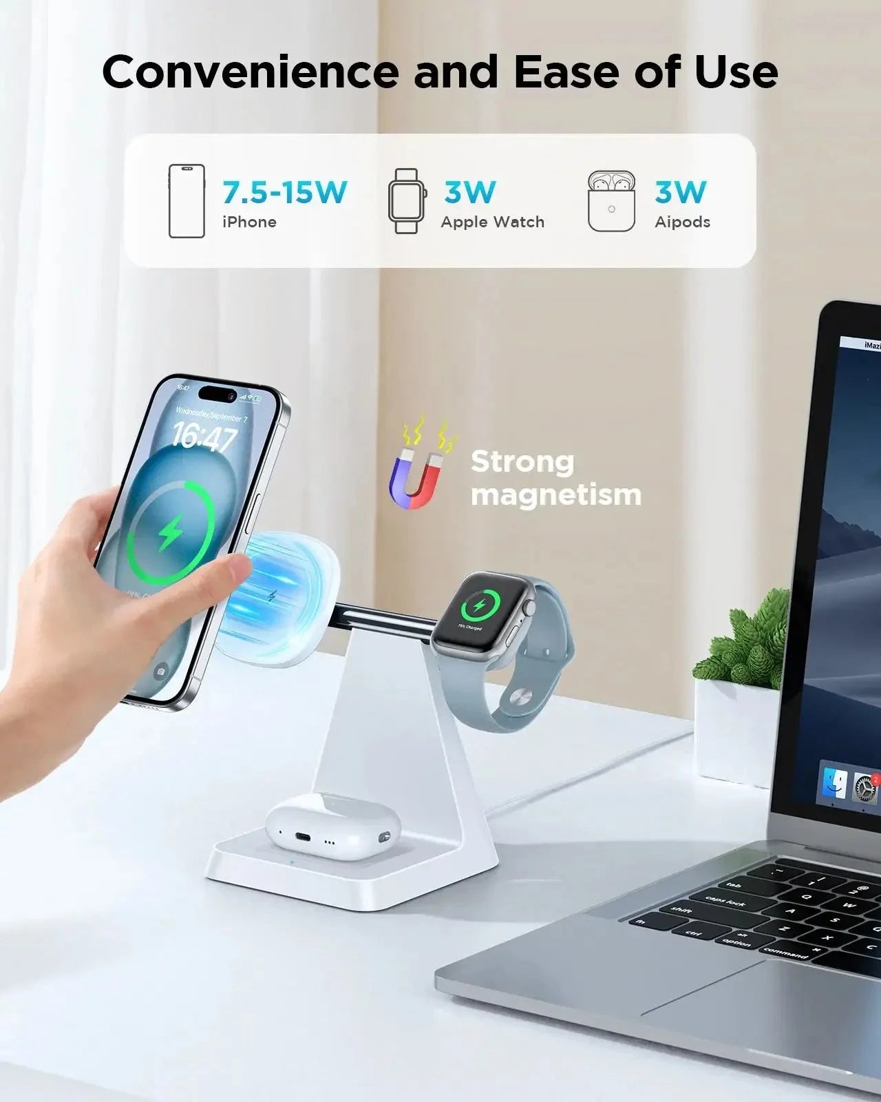 Magnetic Wireless Charger for iPhone -3-in-1 Magnetic Safe Charging Station for Various Apple Devices