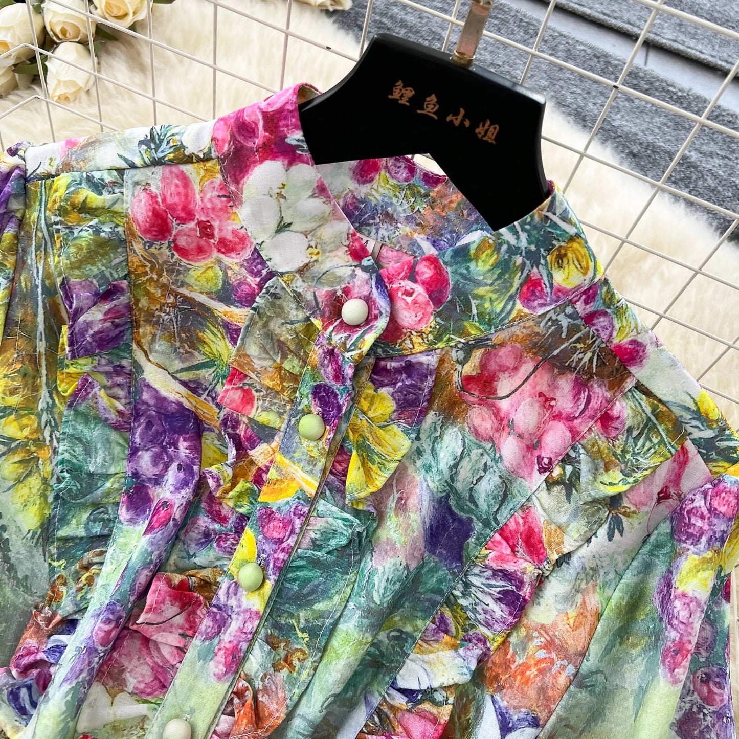 Autumn Vintage Flower Maxi Dress Women's Lantern Long Sleeve Stand Single-Breasted A-Line Flower Printed Ruffles Robe Vestidos