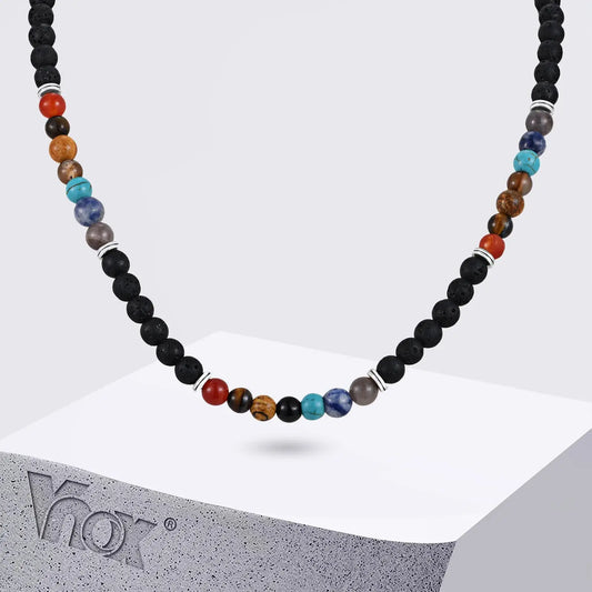 Vnox Volcanic Stone Bead Necklace for Men, Adjustable Stainless Steel Beaded Collar Chokers, Link Chain Jewelry Gift for Him New