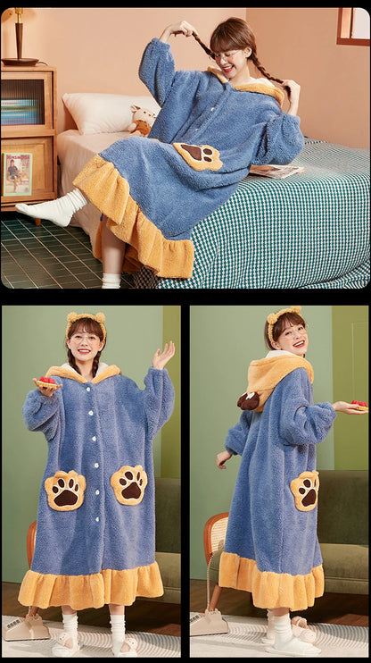 2024 Winter Pajamas For Women Cartoon Hooded Long Robe Strawberry Jacket Cute Home Wear Sleepwear Kawaii Flannel Warm Bathrobe - AMULET RING STORE