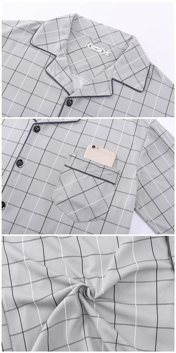 Casual Pure Cotton Men's Spwear Long Sve Long Pants Two-Piece Set Plaid Striped Simple Wearable Home Clothes