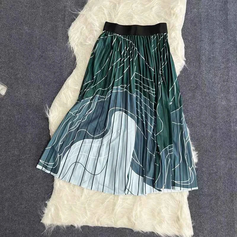 Autumn Skirts Womens New Vintage Floral Print Pleated Skirt Elastic High Waist Casual Midi Skirt Women Clothes Jupe