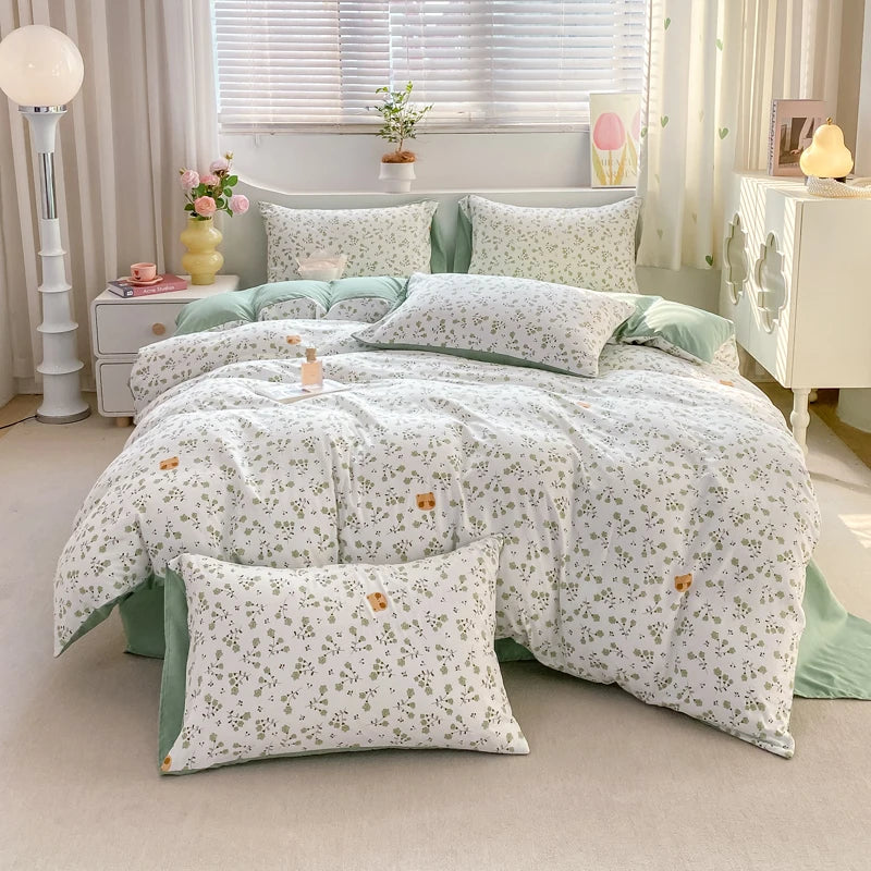 Korean Retro Floral Bedding Set 100% Washed Cotton Bed Sheets Set Soft Duvet Cover Bed Linen Pillowcase Single Double Queen King - AMULET RING STORE