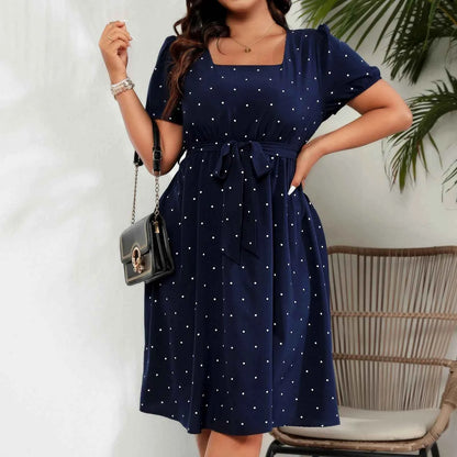 Plus Size Ladies Elegant Retro Polka Dot Waist Tie Square Neck Dress Classic Fashion Summer Short Sleeve Vacation A-line Skirt