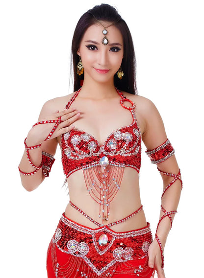 Hot Selling Ladies Beaded Sequins Belly Dance Accessories Belts + Bra Samba Costume Club Bra