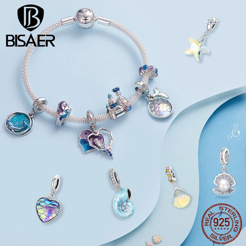 BISAER 925 Sterling Silver Charm Ocean Style Fish Dolphin Mermaid Shell Blue CZ Bead For Necklace&Bracelet DIY Fine Jewelry Gift - AMULET RING STORE