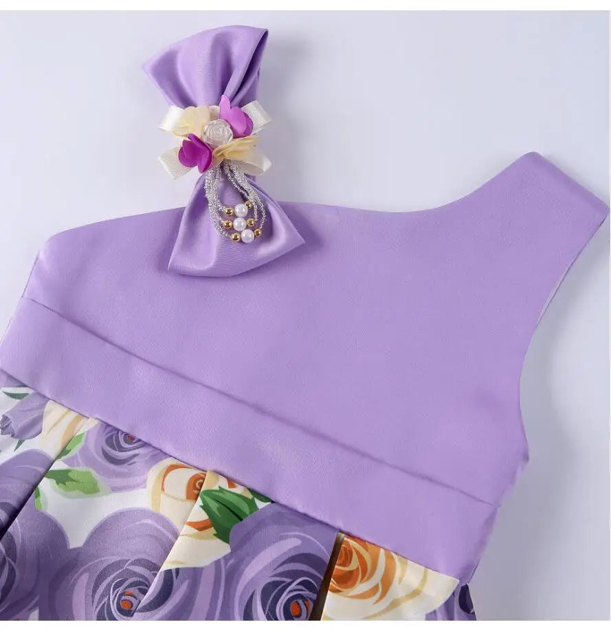 Summer Girls Rose Print Dress Princess Wedding Birthday Party Frocks Satin Children Vestidos Dresses For Girl Christmas Clothing