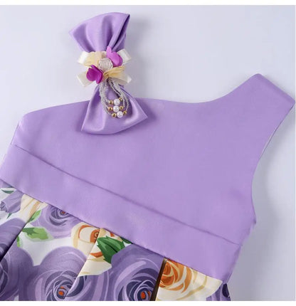 Summer Girls Rose Print Dress Princess Wedding Birthday Party Frocks Satin Children Vestidos Dresses For Girl Christmas Clothing