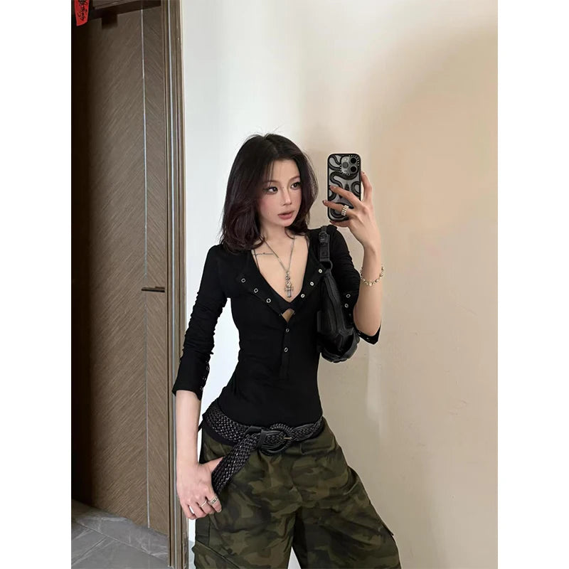 American Sle Hot Girl Long Sve T-irt Women Early Spring Inner Wear Slim Fit Tight Waist Top f Open Collar ort Sle