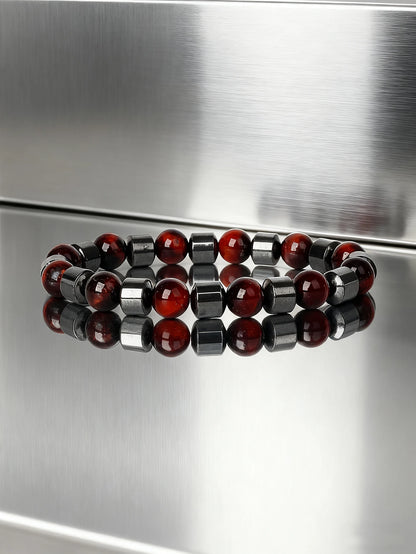 Hematite & Red Tiger's Eye Bracelet Men Natural Stone Cylinder Bead for Energy Protection Reiki Charm Courage Jewelry Women Gift