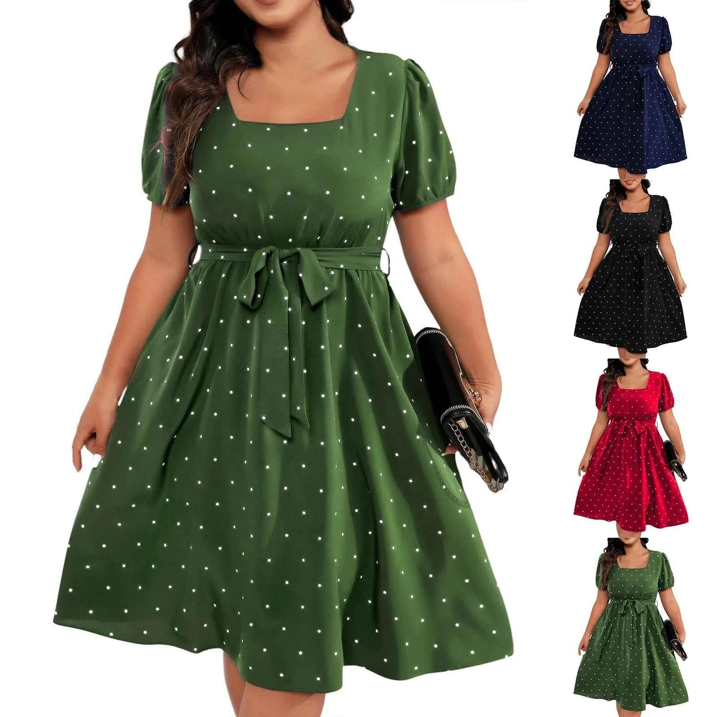 Plus Size Ladies Elegant Retro Polka Dot Waist Tie Square Neck Dress Classic Fashion Summer Short Sleeve Vacation A-line Skirt