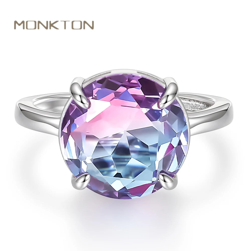 Monkton Sparkly Lavender Glass Y2k Bridal Rings for Women 12MM Round Artificial Stone Wedding Ring Plated with 925 Silver Кольцо