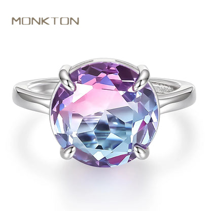 Monkton Sparkly Lavender Glass Y2k Bridal Rings for Women 12MM Round Artificial Stone Wedding Ring Plated with 925 Silver Кольцо