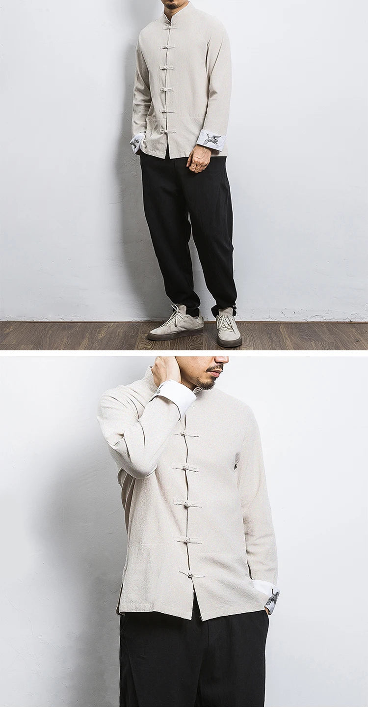 New Crane Embroidery Top Traditional Chinese Clothing for Men Vintage Half Sleeve Linen Shirts Solid Madarin Collar Hanfu Kungfu