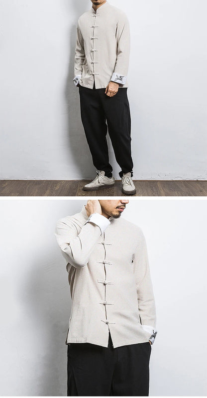 New Crane Embroidery Top Traditional Chinese Clothing for Men Vintage Half Sleeve Linen Shirts Solid Madarin Collar Hanfu Kungfu