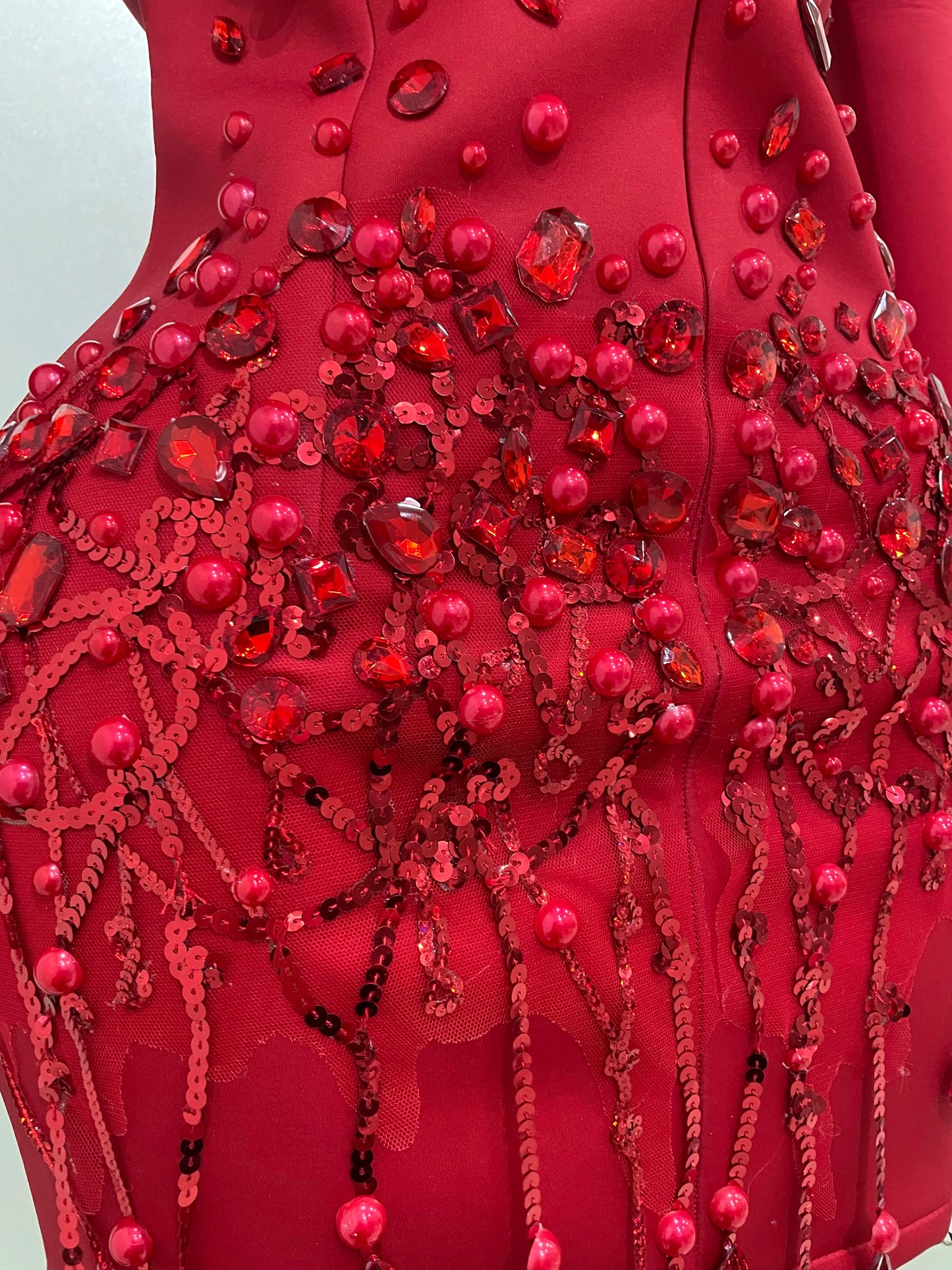 Sparkly Crystal Chains Pearls Long Sleeve Mini Dress 2025 Women Birthday Evening Party Nightclub Outfit Singer Wedding Costume - AMULET RING STORE