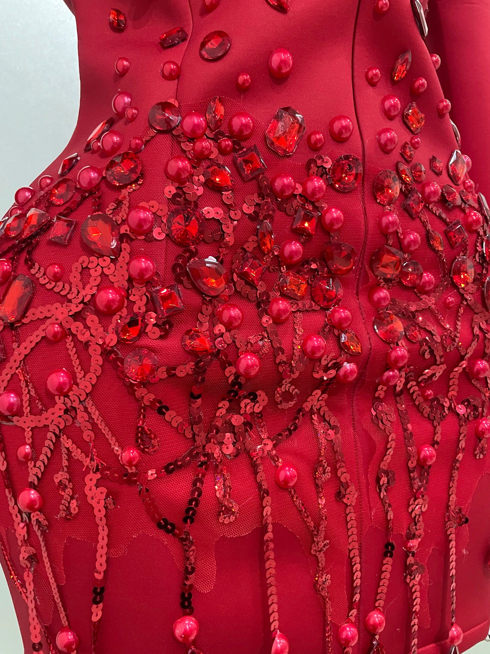 Sparkly Crystal Chains Pearls Long Sleeve Mini Dress 2025 Women Birthday Evening Party Nightclub Outfit Singer Wedding Costume - AMULET RING STORE