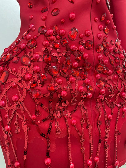 Sparkly Crystal Chains Pearls Long Sleeve Mini Dress 2025 Women Birthday Evening Party Nightclub Outfit Singer Wedding Costume - AMULET RING STORE