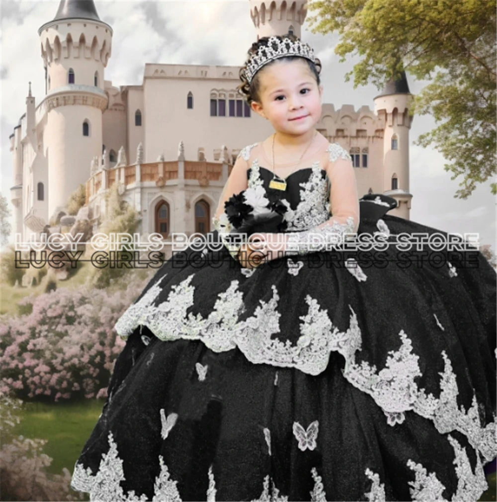 Elegant Quality Dark Blue Flower Girl Dress Tulle Fluffy Exquisite Lace Applique With Bow Little Princess Birthday Party Gowns