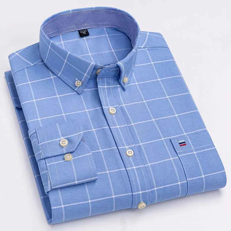 100% Cotton Oxford Men's Shirts Long Sleeves Plaid Soft Regular Fit Formal Dress Shirt Pocket Social Blouse Male Clothes S-7XL