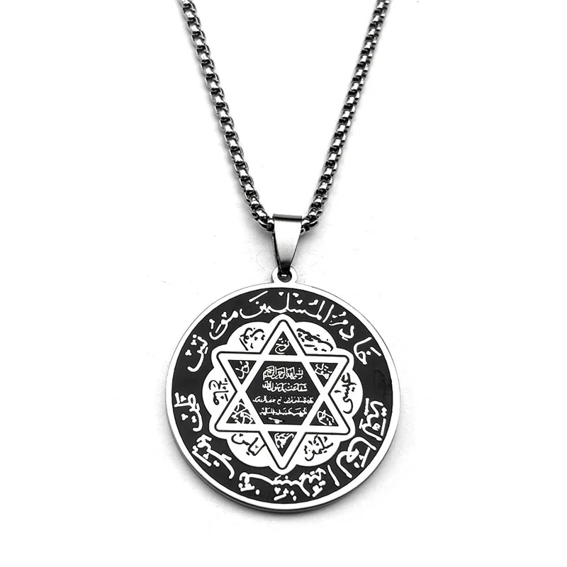 Muslim Arabic Quran Hexagram Round Medal Pendant Necklace for Women Men Stainless Steel Gold Color Islamic Amulet Chain Jewelry - AMULET RING STORE