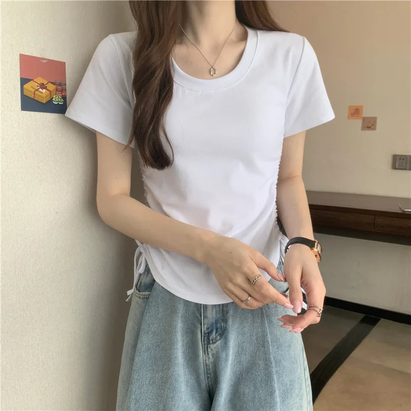 Drawstring Short Sleeve T-shirt Women Spring Summer Spicy Style Slim Fit Short Unique Top M L Xl 2XL Korean Casual Style - AMULET RING STORE