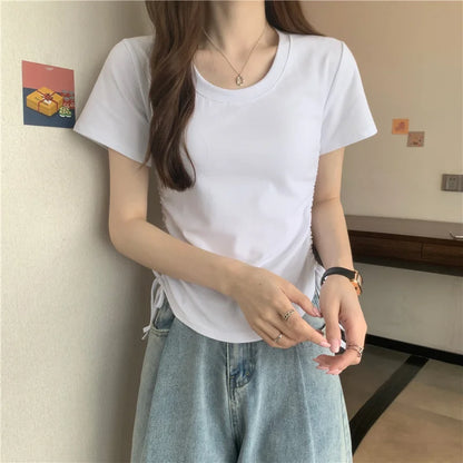 Drawstring Short Sleeve T-shirt Women Spring Summer Spicy Style Slim Fit Short Unique Top M L Xl 2XL Korean Casual Style - AMULET RING STORE