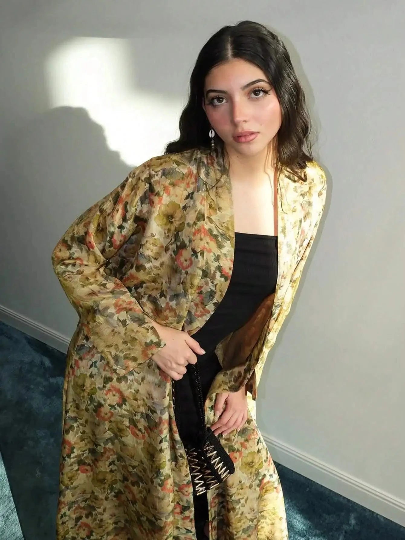 Middle Eastern Printed Floral Abaya Muslim Full Sleeve Loose Open Front Abayas Elegant Kaftan Women Jilbabs Arabian Maxi Dresses - AMULET RING STORE