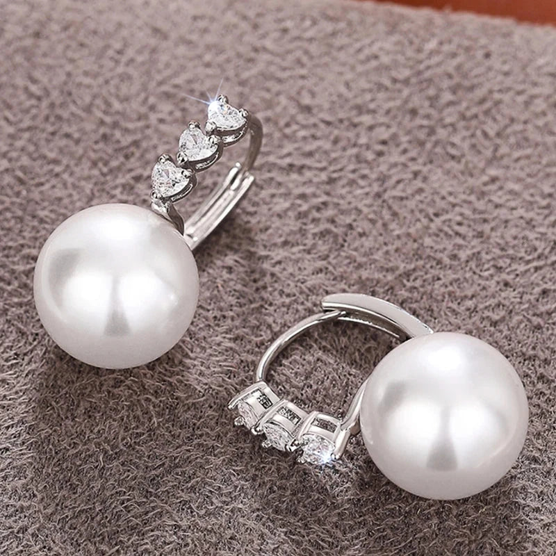 Huitan Bridal Wedding Earrings with Simulated Pearl Luxury Graceful Silver Color Shiny Heart Zirconia Accessories for Engagement - AMULET RING STORE
