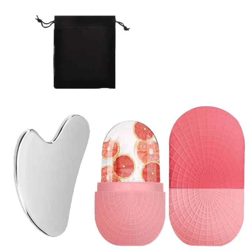 3-piece facial cleansing tool, stainless steel heart-shaped scraping tool, ice facial roller, a flannel bag
